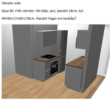 3D-modell av ett kökslayoutförslag med skåp, spis och plats för kyl, text beskriver mått och placering.