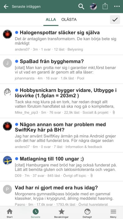 Skärmdump av ett diskussionsforum med olika trådar och inlägg om byggprojekt och husrelaterade ämnen.