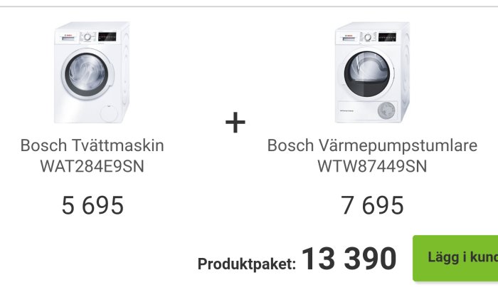 Bosch tvättmaskin och torktumlare med modellnummer och priser, totalt för paketet.