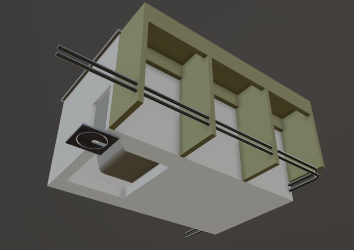 3D-renderad bild av en badrumshylla med hål för golvbrunnsåtkomst och metallgaller.