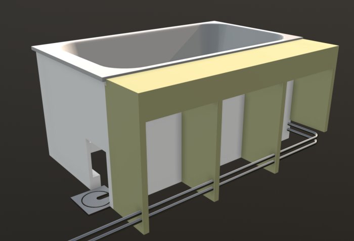 3D-modell av ett badkar med angränsande hyllkonstruktion och inspektionslucka i golvbrunnen.