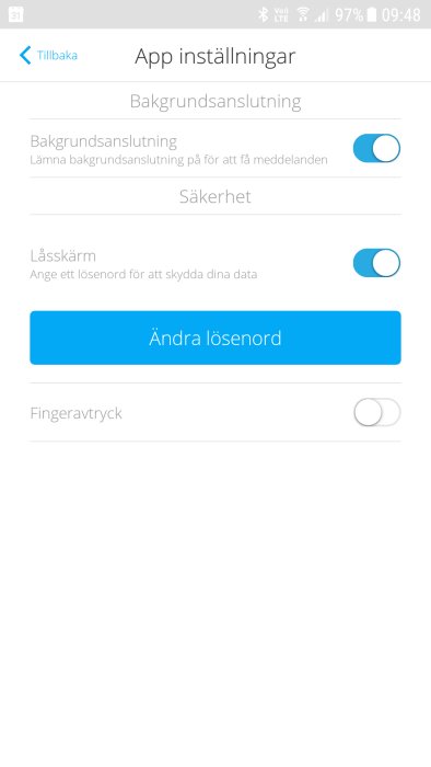 Skärmdump av appinställningar med alternativ för bakgrundsanslutning och säkerhet aktiverade.