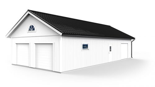 3D-rendering av ett vitt garage i blocksystem på 7x12 meter med svart tak, två garageportar och ett fönster.