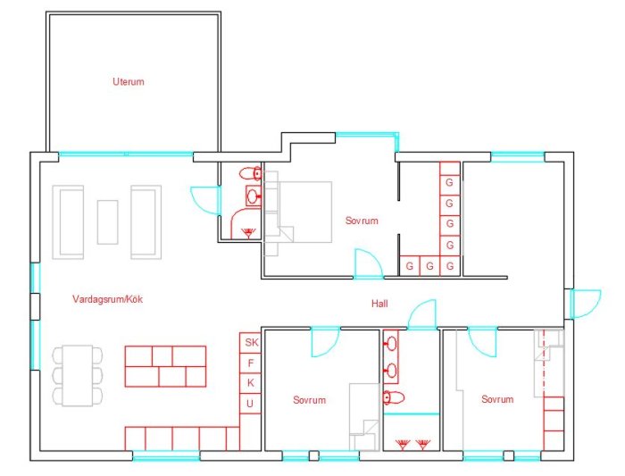 Ritning över enplanshus från 1982 med markerade förändringar för renovering.