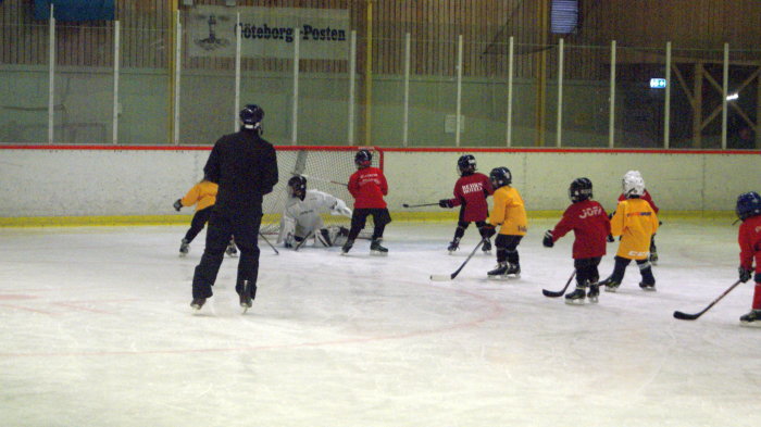 Barn spelar ishockey i en inomhushall med en målvakt i vit utrustning och publik i bakgrunden.