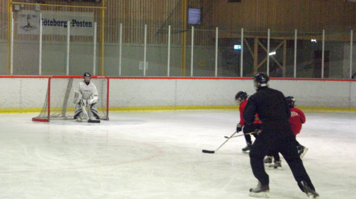 Ishockeyspelare förbereder skott mot målvakt under match, publik i bakgrunden.