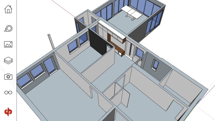 3D-Sketchupmodell av ett husinteriör med markerade väggar för ett renoveringsprojekt.