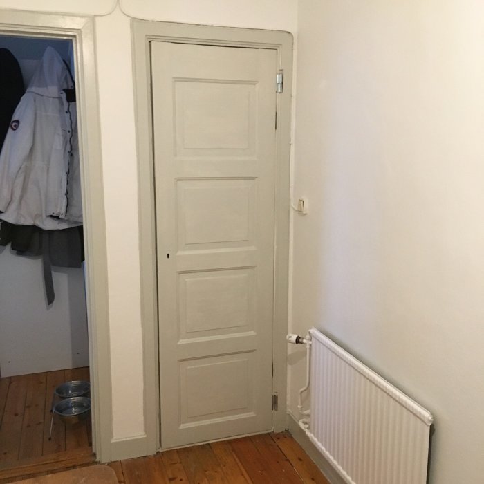 Nymålad vit ytterdörr i en hall med ett trägolv, vit vägg och radiator.