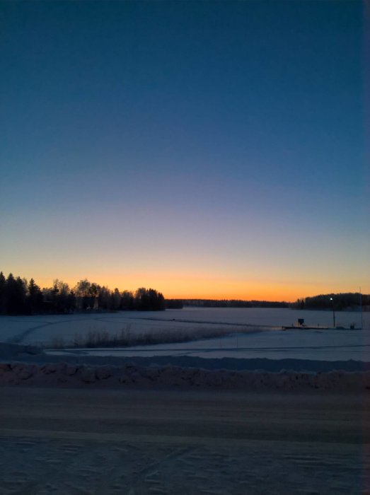 Soluppgång över en öde småbåtshamn med snötäckt landskap och träd i vinterskymningen.