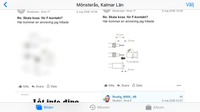 Skärmdump av diskussionsforum med instruktioner för att skala koaxialkabel för F-kontakt.