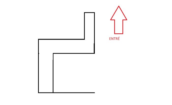 Ritning av ett L-format kökslayoutförslag med entrémarkering och potentiell plats för förvaring och apparater.