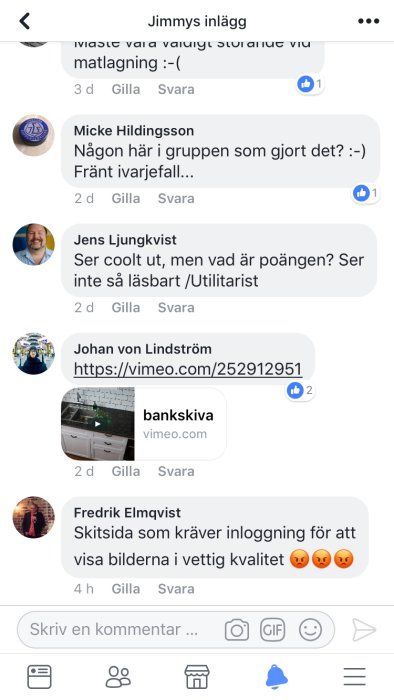 Skärmdump av en Facebook-tråd där användare diskuterar och delar en Vimeo-videolänk och bilder.