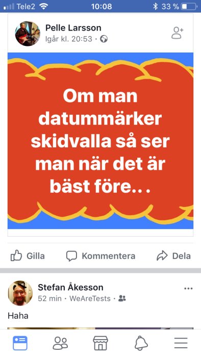 Skärmavbild av social media-inlägg med texten "Om man datummarkerar skidvalla så ser man när det är bäst före".