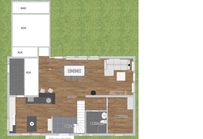 Ritning av ett våningsplans layout med möblering för vardagsrum, sovrum och badrum, samt diskussion om dess planlösning.