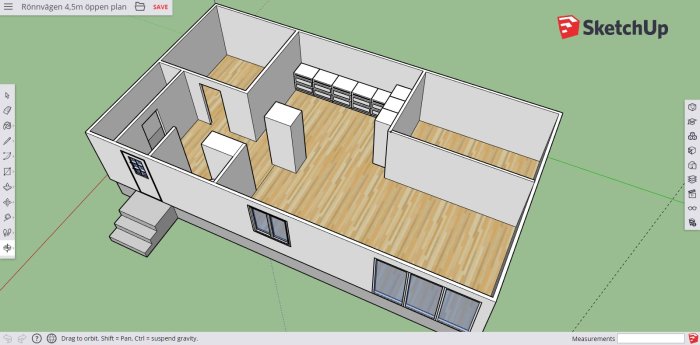 3D-skiss i SketchUp av en öppen planlösning för ett hem utan en synlig murstock.