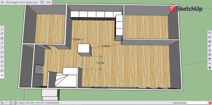 Ritning av husplan i SketchUp med måttsatt öppen planlösning, möbler och utan murstock.