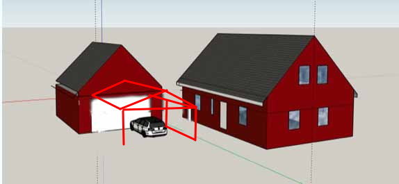 3D-skiss över röda hus med föreslagen carportstruktur markerad i rött och bil inuti.