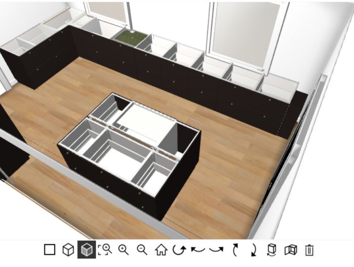 3D-ritning av ett kök med köksö, saknar fläkt, svarta skåp och trägolv.