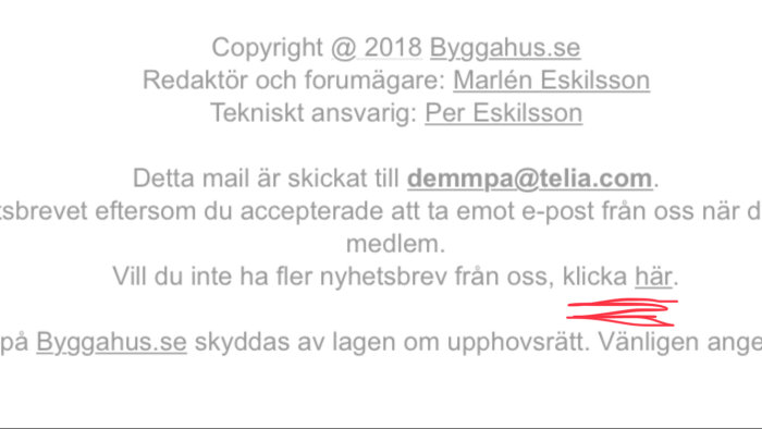 Skärmbild av ett e-postmeddelande med instruktioner om hur man avregistrerar sig från ett nyhetsbrev.