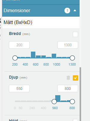 Skärmdump från Prisjakt som visar dimensionsslider för bredd och djup i ett formulär.