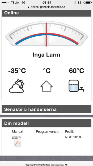 Termometer som visar -35°C, indikerar inga larm och ikoner för soligt, hus och vattenbehållare.