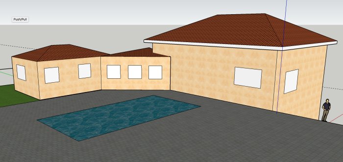 3D-skiss av hus med tillbyggnad och pool, anslutna via en hall.