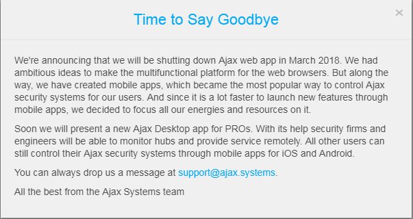 Skärmdump av meddelande från Ajax Systems om nedstängning av webbapp i mars 2018 och övergång till mobilappar.