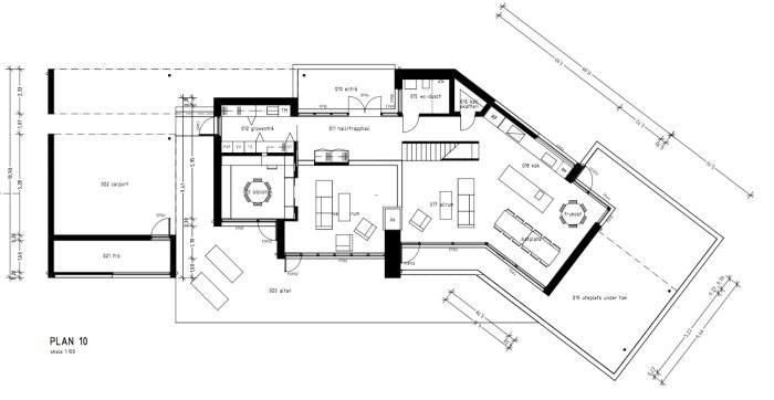 Arkitektritning av en nedervåning med etiketterade rum och möblering, skapad i Excel.