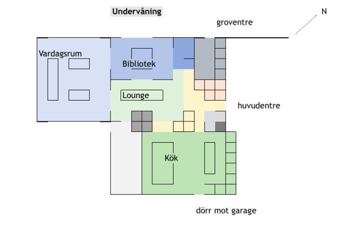 Översiktlig planritning av ett hus med markerade rum som vardagsrum, bibliotek, lounge och kök, inklusive huvudentré och groventré.