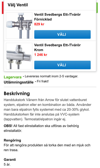 Två olika typer av radiatorventiler i förnicklad och kromad finish, prissatta och presenterade för onlineköp.