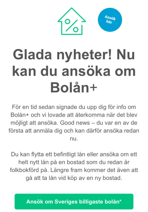 Affisch för bolån med text "Glada nyheter! Nu kan du ansöka om Bolån+" och en husikon med procenttecken.