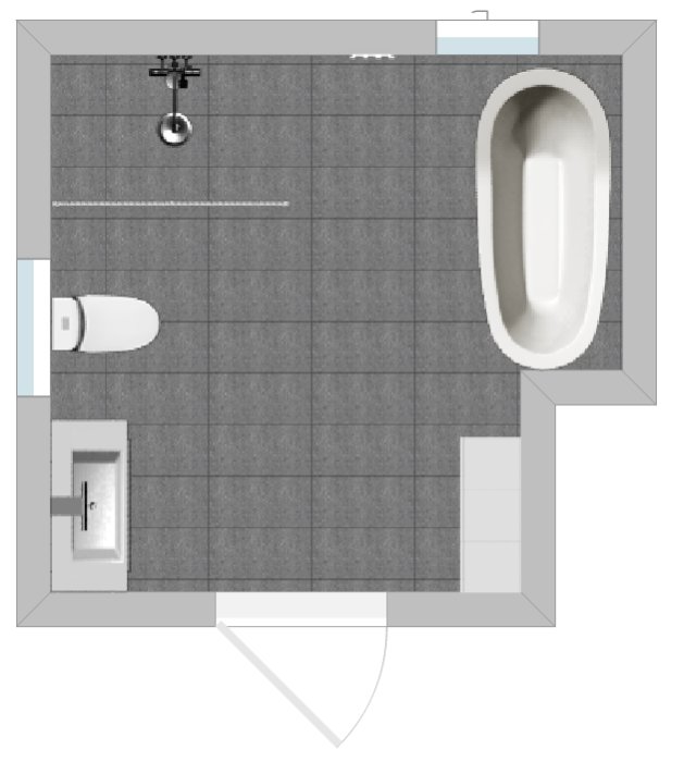 Planritning av badrum med grått kakel, tassbadkar, duschplats, kommod och toalett.