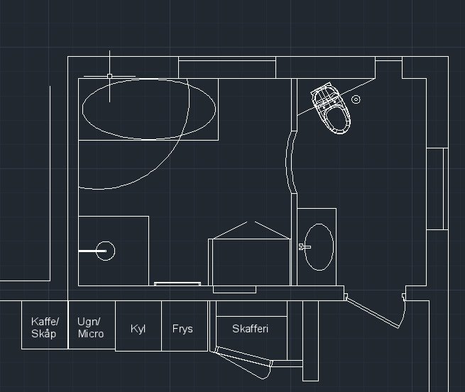 CAD-ritning av badrum med två separata rum, en med handfat och WC, den andra med badkar och dusch.