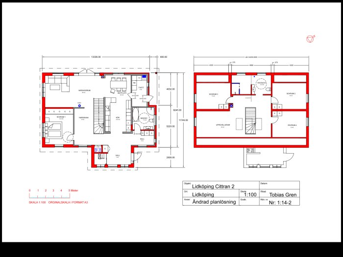 Ritning av en husplan med markerade ytor, måttangivelser och rumsindelning, beskrivande ett framtida bostadsprojekt.