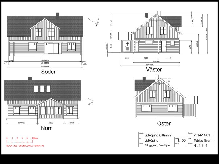 Arkitektoniska ritningar av ett hus med fyra fasader: Söder, Väster, Norr och Öster, med måttangivelser.