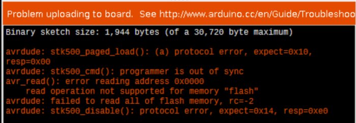 Skärmdump av felmeddelande vid uppladdning till Arduino-kort med texten "Problem uploading to board.