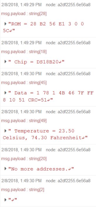 Skärmklipp av kodutmatning som visar ROM, Chip information, Data och temperaturvärden.