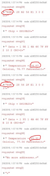 Skärmdump av kod och temperaturdata med markerade segment "ROM" och temperaturvärden i Celsius.