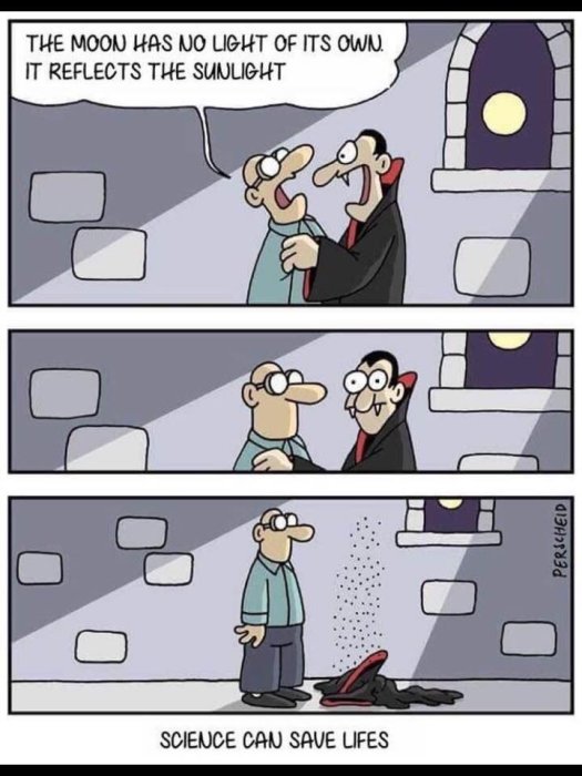 Tecknad bild där en vampyr försvinner efter att en person förklarat att månen reflekterar solljus.