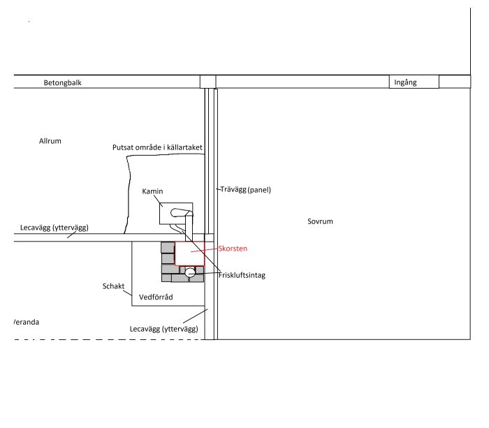 Arkitekturritning med skiss av källarplan, visar placering av kamin, skorsten, vedförråd och putsat område i taket.