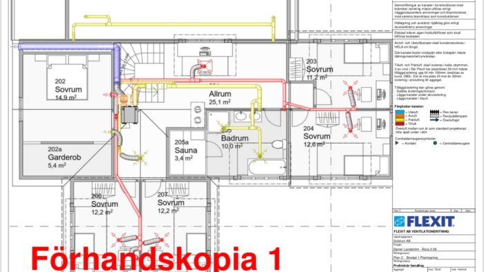 Ritning av en FTX ventilation i en bostadsplan med färgkodade ventilationskanaler.