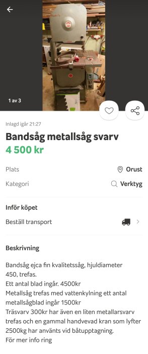 Vertikalt uppställd bandsåg i ett verkstadsutrymme, använd för metallarbete med delar av beskrivningen synlig i annonstexten.