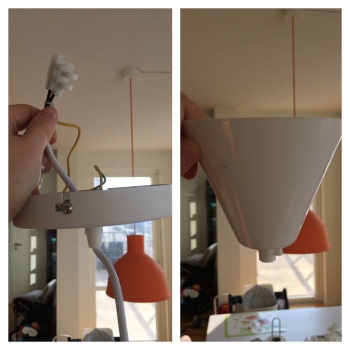 Tvådelad bild som visar en taklampa och en närbild av en plastkåpa där stickpropp inte får plats.