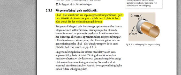 Skärmdump av regeltext från Säkervatten 3.3.1 som beskriver rörgenomföring i golv med tätskikt.