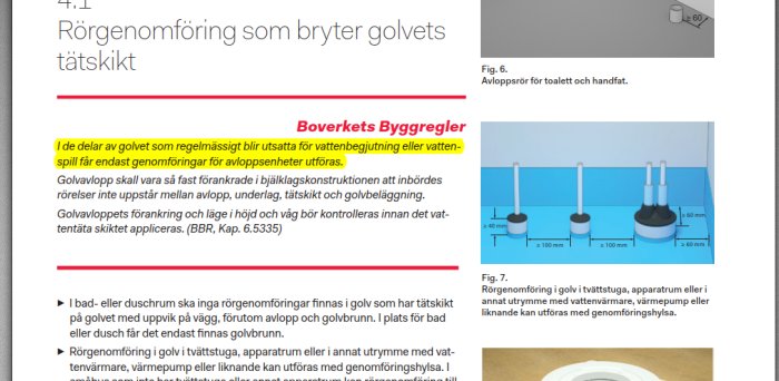 Regeltext och illustrationer om rörgenomföring och tätning ur Boverkets byggregler, med avloppsrör och tätskiktsexempel.