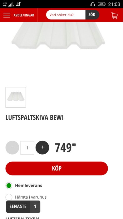 Produktbild av en vit luftspaltskiva från BEWI listad för 749 kronor i en onlinebutik.