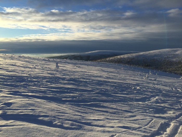 Solbelyst snöklädd fjällterräng under en klar himmel.