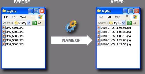 Skärmdump som visar filnamnsändring före och efter med programmet NAMEXIF, från generiska till datum- och tidsstämplade JPEG-filnamn.