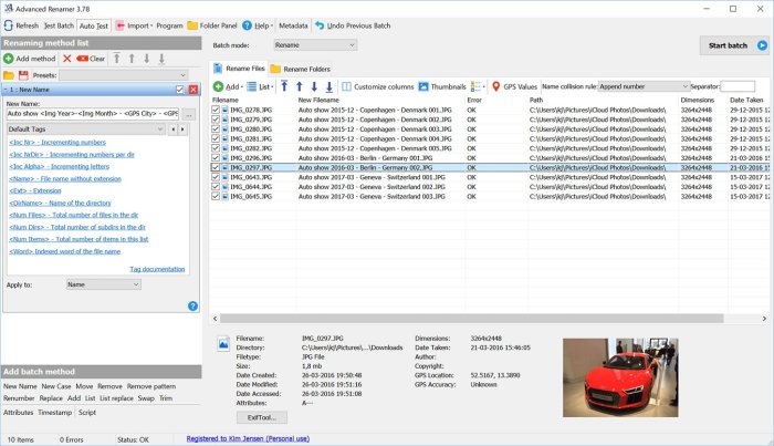 Skärmdump av programvara för batch-omdöpning av filer med EXIF-information och filförhandsgranskning.