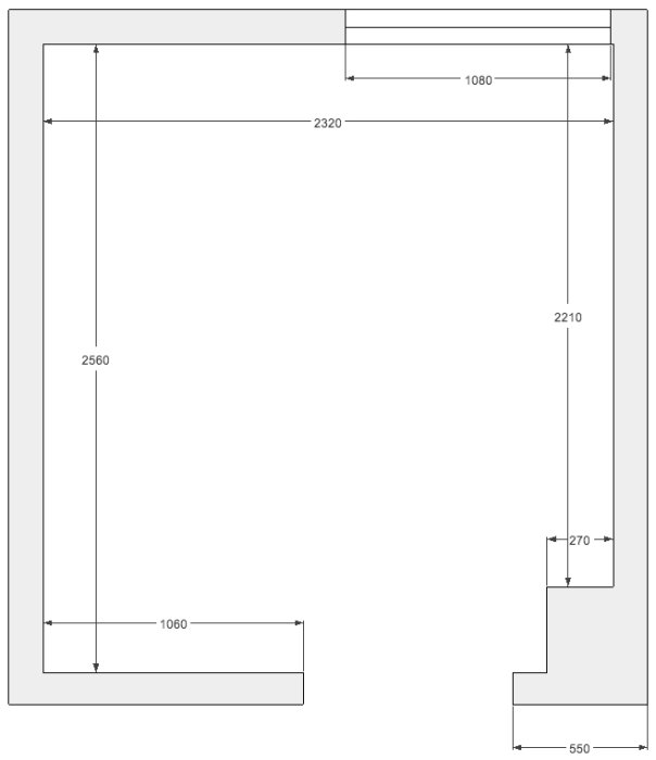 Ritning av badrum med måttangivelser, planerad för renovering och omstrukturering för dusch, toalett, handfat och badkar.